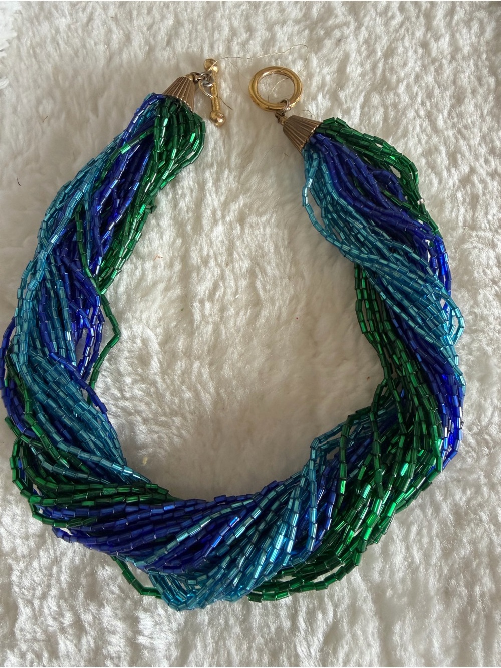 Multi Strand Seed Bead Collar Necklace Teal Blue Green Gold Tone